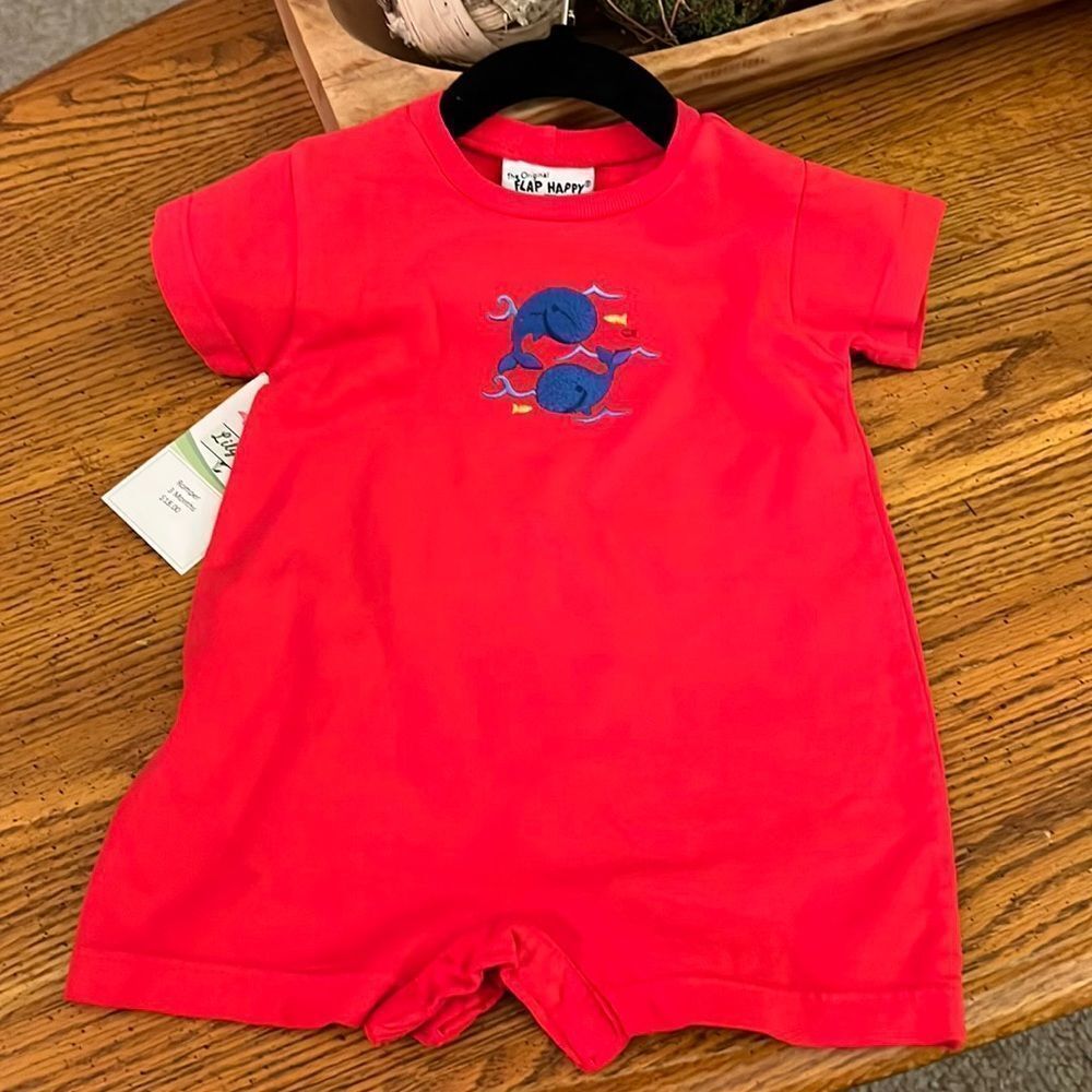 NWT, Red Flap Happy romper/onesie, embroidered whales, 3 months 100% cotton